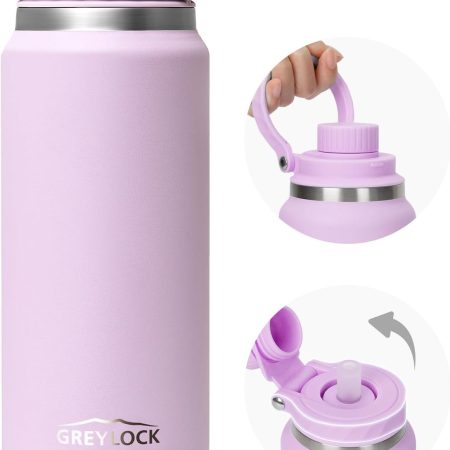 Greylock 20 oz Insulated Water Bottle with Straw Lid, Reusable Stainless Steel Sports Water Bottles with Foldable Handle, Leak Proof, Double-Wall Vacuum Insulation, 24 Hours Cold (Lilac)