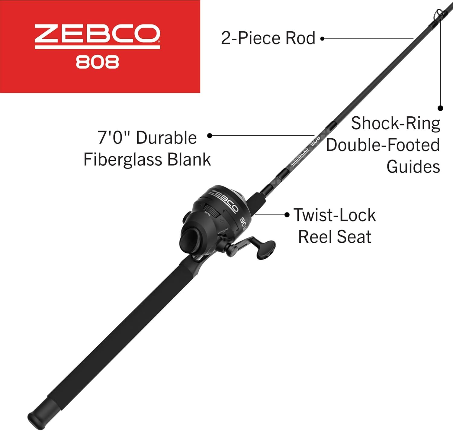 Zebco 808 Spincast Reel and Fishing Rod Combo, 7-Foot Durable Z-Glass Rod with Extended EVA Rod Handle, Quickset Anti-Reverse with Bite Alert, Pre-spooled with 20-Pound Cajun Fishing Line, Black - Image 2